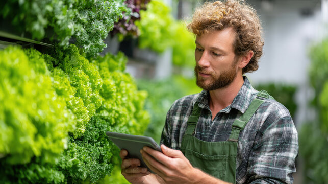 Urban automated agriculture worker using tablet to monitor fresh green lettuce in indoor farm with vertical planting system