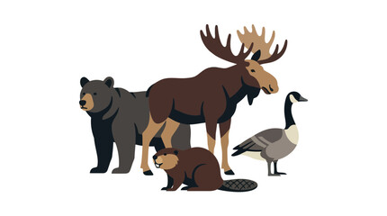 Fototapeta premium Collection of Canadian animals including moose bear and beaver.