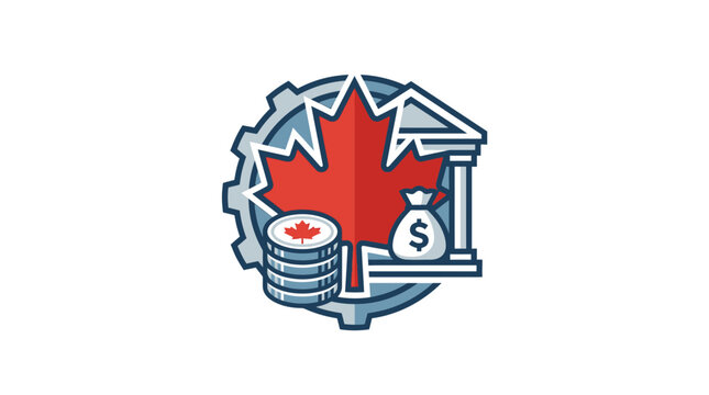 Canadian finance emblem with maple leaf and money icons.