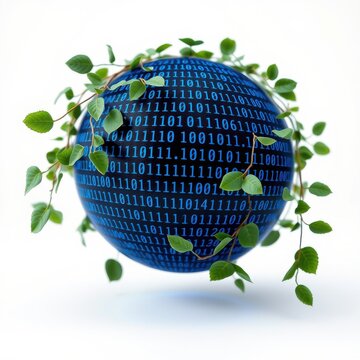 Globe covered with binary code, entwined by green leaves. Symbolizes digital world merging nature, technology growth.