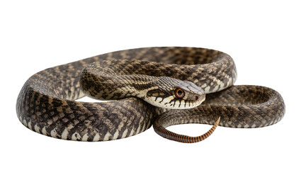 Obraz premium Coiled snake with patterned scales and orange eye