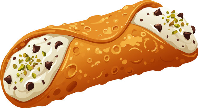 Sicilian cannolo vector illustration, traditional Italian dessert with ricotta cream, chocolate chips, and chopped pistachios, isolated on white background.,CANNOLO5