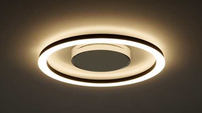 Modern LED ceiling light with concentric rings emits a warm, inviting glow, enhancing interior spaces with its sleek and contemporary design.