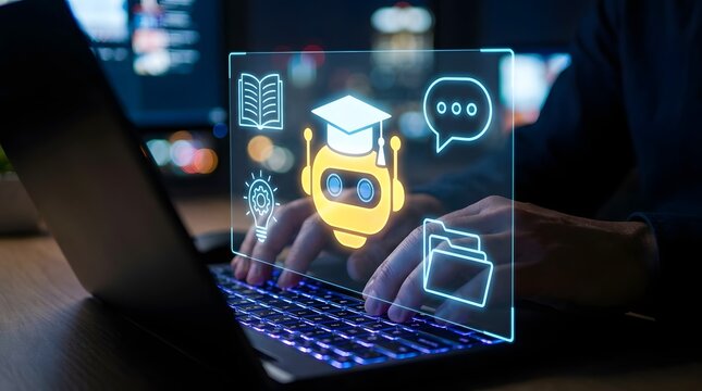 Online education technology concept with student using AI powered e-learning assistant on laptop for personalized learning and knowledge management