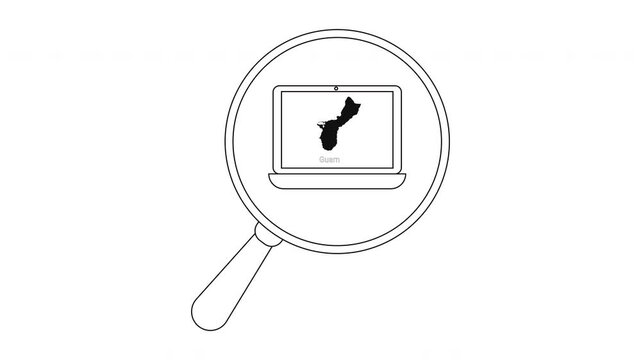 Magnifying glass over laptop displaying map of Guam, symbolizing search and discovery.