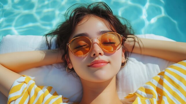 Back view of Young woman sunbathe on beach chair,wearing bikini in summer near swimming pool and drink watermelon smoothie,resting vacation,sunglasses item summer concept.