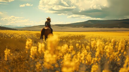 Fototapeta premium Girl laughing on horseback through a canola field in Montana