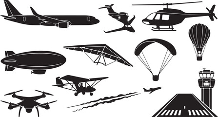 Black silhouette icons of aircraft and aviation © Tawhid