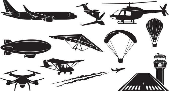 Black silhouette icons of aircraft and aviation