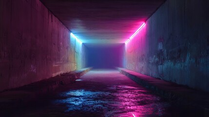 Obraz premium A long, concrete tunnel glows with vibrant neon lights, creating a futuristic and mysterious atmosphere for abstract backgrounds.