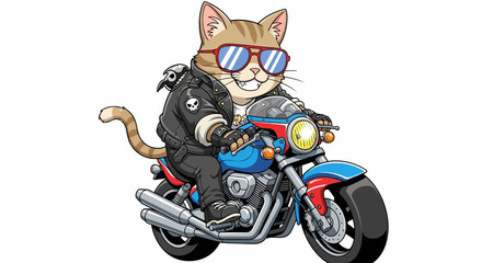 Obraz premium Cool Cat Biker Riding Motorcycle, Wearing Sunglasses and Leather Jacket