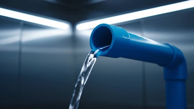 Water flowing from blue PVC pipe in industrial setting.