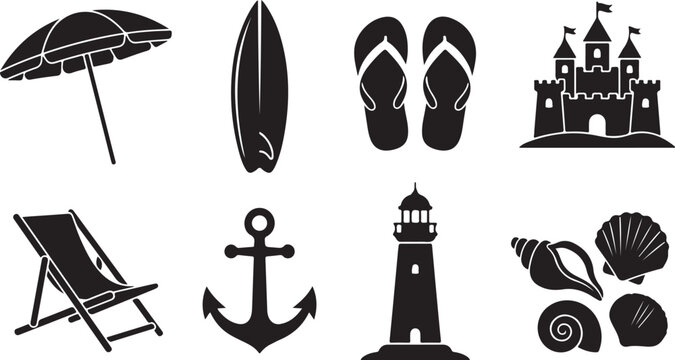 Beach icons vector set black silhouette