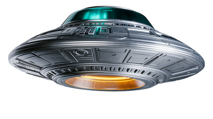 Futuristic metallic flying saucer with glowing orange underside, isolated on transparent background © George