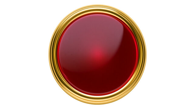 Shiny red circular button with golden metallic rim, isolated on transparent background