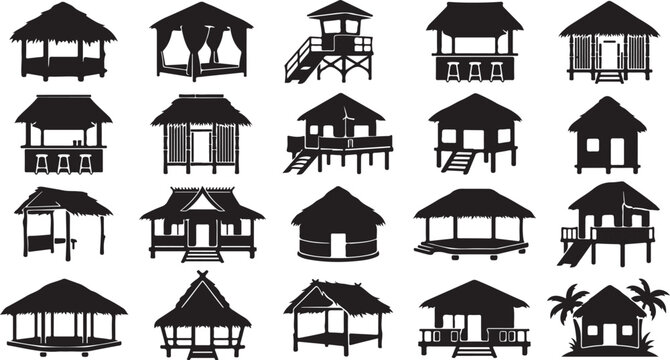 Tropical hut icons vector set