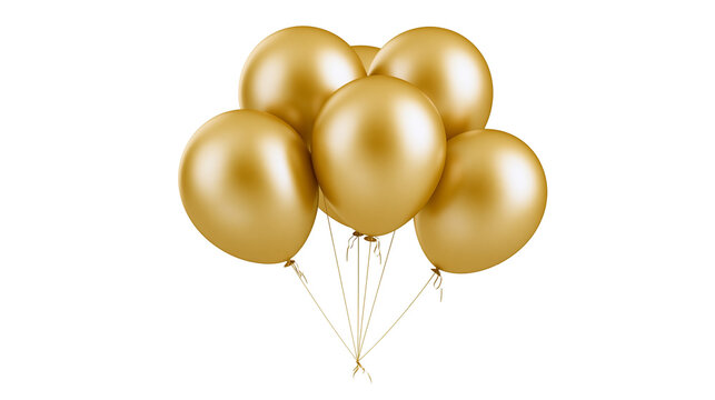 Group of five golden balloons tied with strings, isolated on transparent background