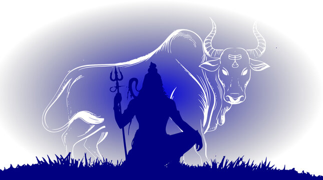 Lord Shiva sitting silhouette holding trishul trident with a majestic line art Nandi bull background on a blue gradient vignette, ideal for Hindu religious designs.