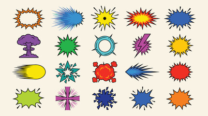 Colorful comic book style speech bubbles and sound effect bursts featuring various shapes and vibrant colors © MDFERDOUS