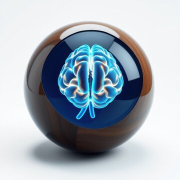 Shiny sphere contains glowing brain illustration. Blue light emanates from within, creating dramatic visual effect. Simple background.