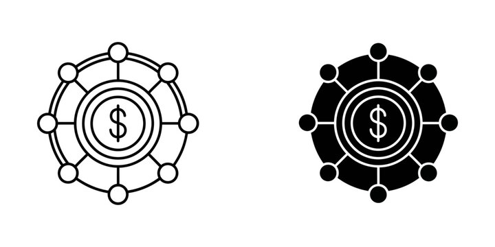 Financial network node icon set with currency connection business internet investment structure