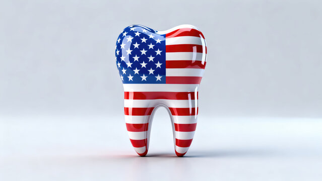 American flag design on tooth symbolizing national oral health awareness. Happy 4th of July, Independence Day USA