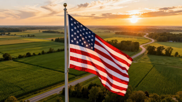 Aerial Drone Shot: Patriotism, American Flag Cross,  National Symbol, Independence Day,  USA