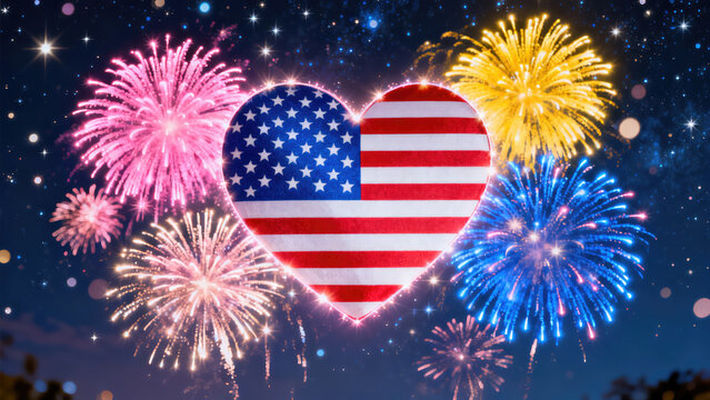 Festive 4th of July Coloring Page: US Flag Heart, Fireworks, Stars
