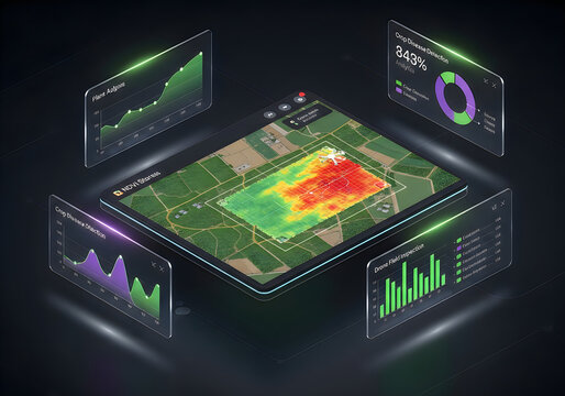 Smartphone and tablet displaying crop health monitoring analytics with thermal and ndvi imagery