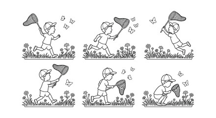 Children Catching Butterflies With Nets Black And White Vector Illustration © Nayem