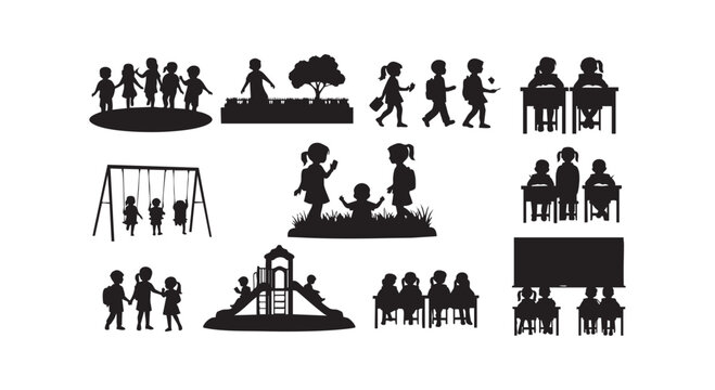 Various school life silhouettes including children on playground and classroom scenes isolated vector on white background.