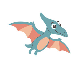 Adorable cartoon pterosaur dinosaur with wide wings flying high and smiling with big curious eyes. Vector illustration © Elena