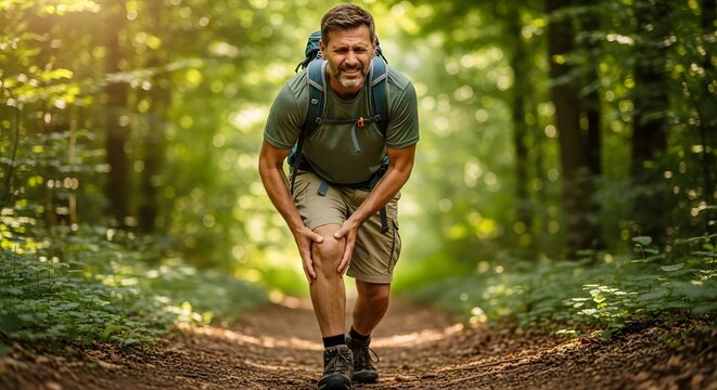 Knee injury and outdoor trekking accident. Hiking safety and joint pain relief. Middle aged man walking on forest trail holding his painful knee due to injury or exhaustion