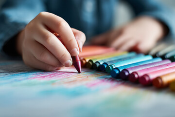 Fototapeta premium Close Up of a Child's Hand Drawing with Colorful Crayons on Paper