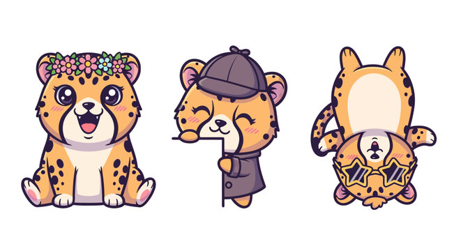 Cute cartoon leopard characters in different poses.