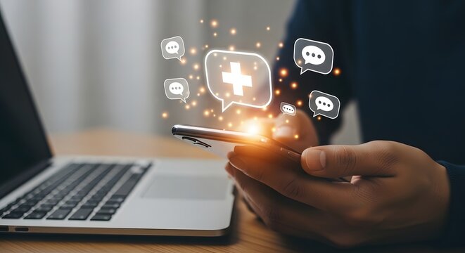 Telemedicine and virtual healthcare consultation. Remote medical advice and doctor support. Person using a smartphone with medical plus sign icons for online healthcare communication