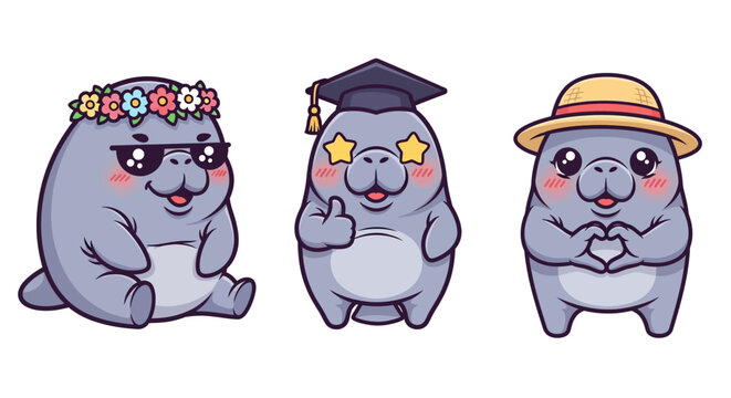 Cute cartoon manatees wearing different hats and accessories.