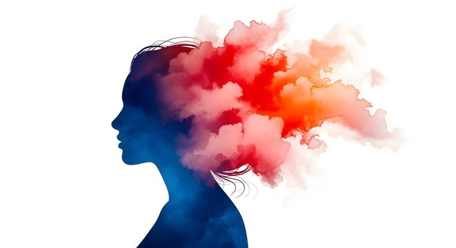 Mental health stress and emotional psychological turmoil. Depression anxiety and internal chaos. Silhouette of a woman head with red and blue watercolor smoke representing thoughts