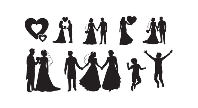 Wedding silhouettes with bride and groom couples plus happy children jumping figures for romantic invitation cards.