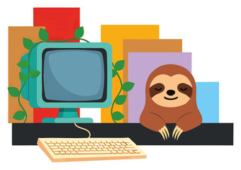 Obraz premium Cute cartoon sloth with glasses sitting at a wooden desk in front of a vintage computer screen, concept for remote work, productivity, and digital lifestyle illustrations for blogs, apps, and