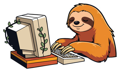 Obraz premium Playful cartoon sloth typing on vintage computer keyboard with green plant decoration, concept for remote work, digital lifestyle and animal-themed office design, ideal for tech blogs, productivity