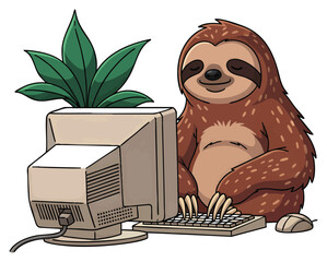 Fototapeta premium Cute relaxed brown sloth holding a keyboard beside a retro computer monitor with a potted plant, concept for remote work productivity, digital nomad lifestyle, and eco-friendly office design