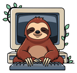 Fototapeta premium Cute cartoon sloth sitting on vintage computer keyboard with green leafy branches, concept for digital detox, slow living, and eco-friendly tech lifestyle, ideal for blog illustrations, app icons,