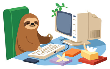 Fototapeta premium Cute relaxed sloth with keyboard and computer monitor on cozy workspace setup, concept for remote work productivity, digital nomad lifestyle, and animal-themed office decor inspiration