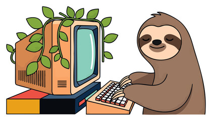 Fototapeta premium Cute cartoon sloth hanging on retro computer monitor with green leaves, concept for slow productivity, digital detox, and eco-friendly workspace design, ideal for tech blogs, environmental campaigns,