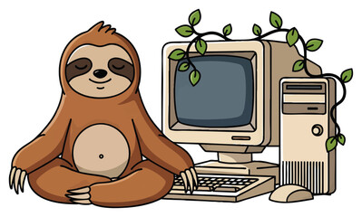 Fototapeta premium Cute cartoon sloth sitting cross-legged in front of a vintage computer monitor with green leaves, concept for digital detox, slow living, and eco-friendly lifestyle illustrations for blog posts, app