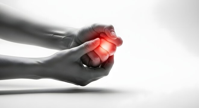 Hand pain and chronic joint ache. Rheumatology and arthritis awareness. Close up of person holding their hand with a glowing red effect indicating pain and inflammation