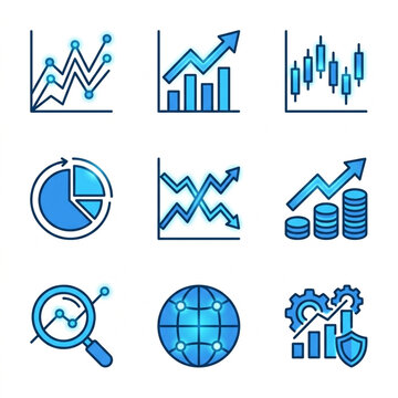 Collection of business and finance related icons including charts and graphs.