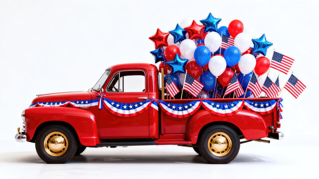 Red Truck with Patriotic Balloons 4th of July Celebration Image 