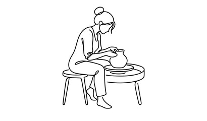 Fototapeta premium Continuous line art female artisan shaping ceramic clay pot on a pottery wheel vector illustration, minimalist outline design element for craft studio branding, handmade workshops, or art hobby layout